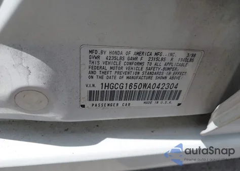 1998 Honda Accord Ex z USA, uszkodzony, nr VIN 1HGCG1650WA042304